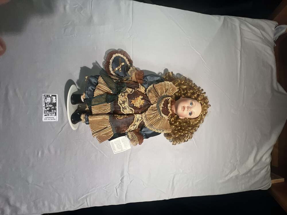 Duck House Heirloom Porcelain Doll with Curly Blonde Hair Victorian Style Dress